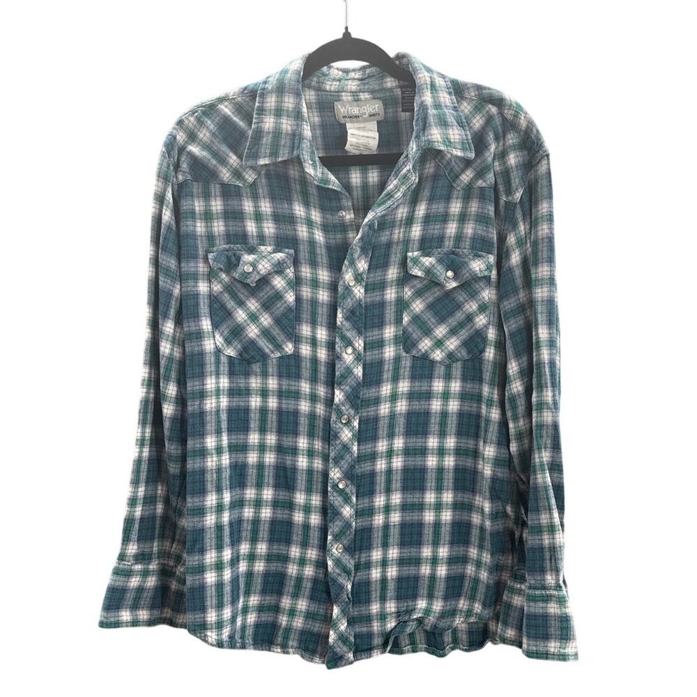 Wrangler Men's Pearl Snap Green Plaid Flannel XL